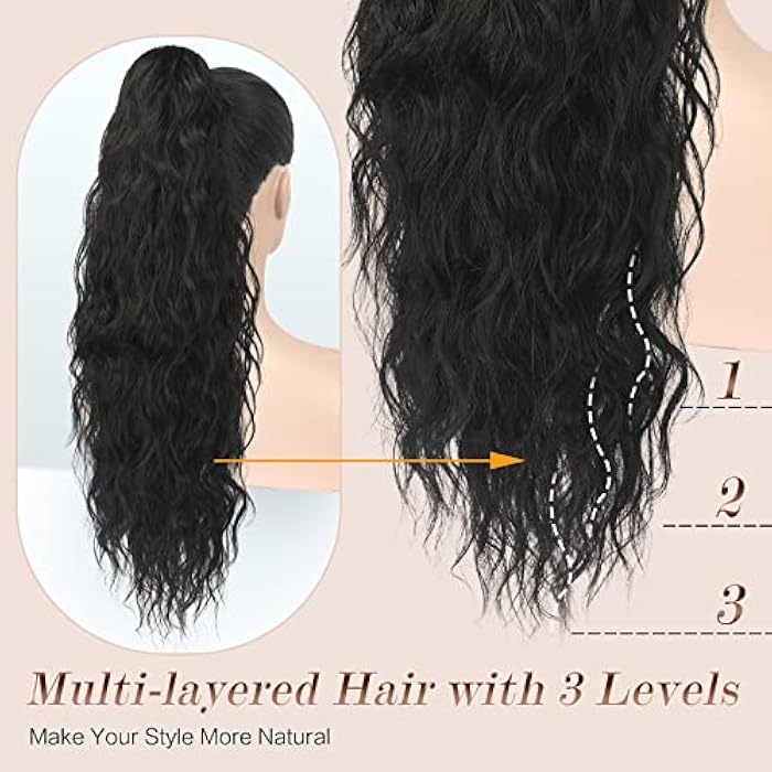 FESHFEN إضافات ذيل الحصان FESHFEN مع حبل سحب، شعيرات طويلة، شعر أشقر مجعد ومتموج، إضافات شعر ذيل حصان، قطع شعر صناعية، إضافات شعر بحبل سحب للنساء، 65 سم - Image 4